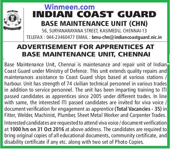 Indian Coastal Guard ITI Apprentice  Walk In for BMU Chennai on 31st October 2016 