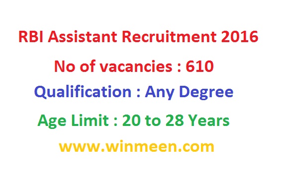 RBI 610 Assistant Vacancies Recruitment 2016