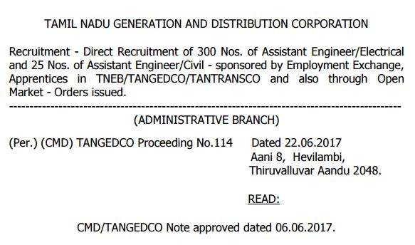 Tangedco Direct Recruitment 2017 300 Electrical Assistant Engineer 25 Civil AE Apprentice Posts