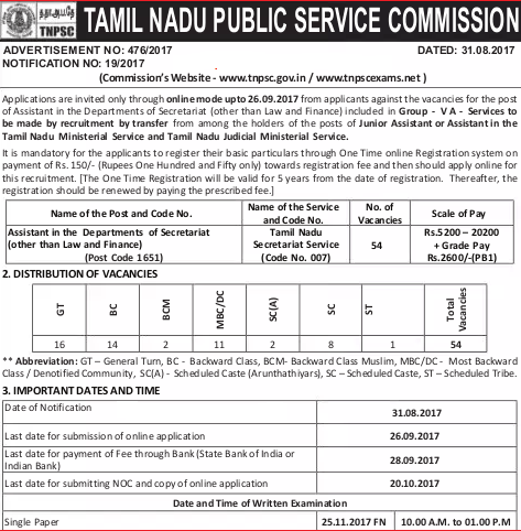 Tnpsc Assistant Recruitment 2017 54 Assistant Jobs in Secretariat Department