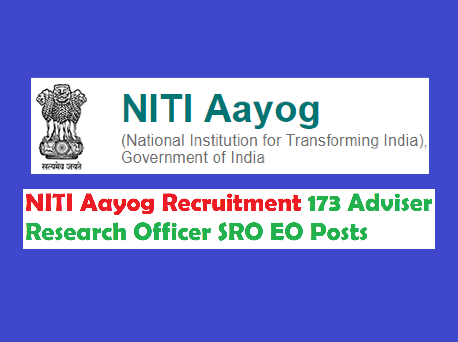 NITI Aayog Recruitment 2017 Apply 173 Adviser Research Officer SRO EO Posts
